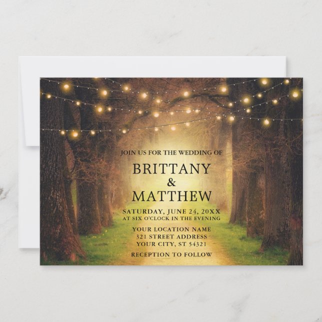 Wedding Rustic Forest Path String Lights Invitation (Front)