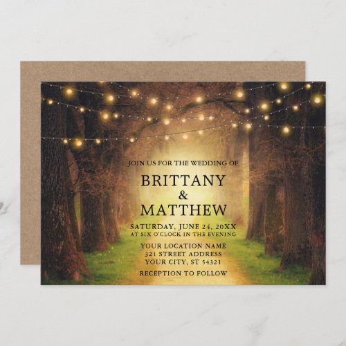 Wedding Rustic Forest Path String Lights Kraft Invitation