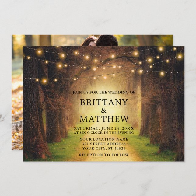 Wedding Rustic Forest Path String Lights Photo Invitation (Front/Back)