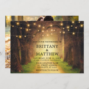 Wedding Rustic Forest Path String Lights Photo Invitation