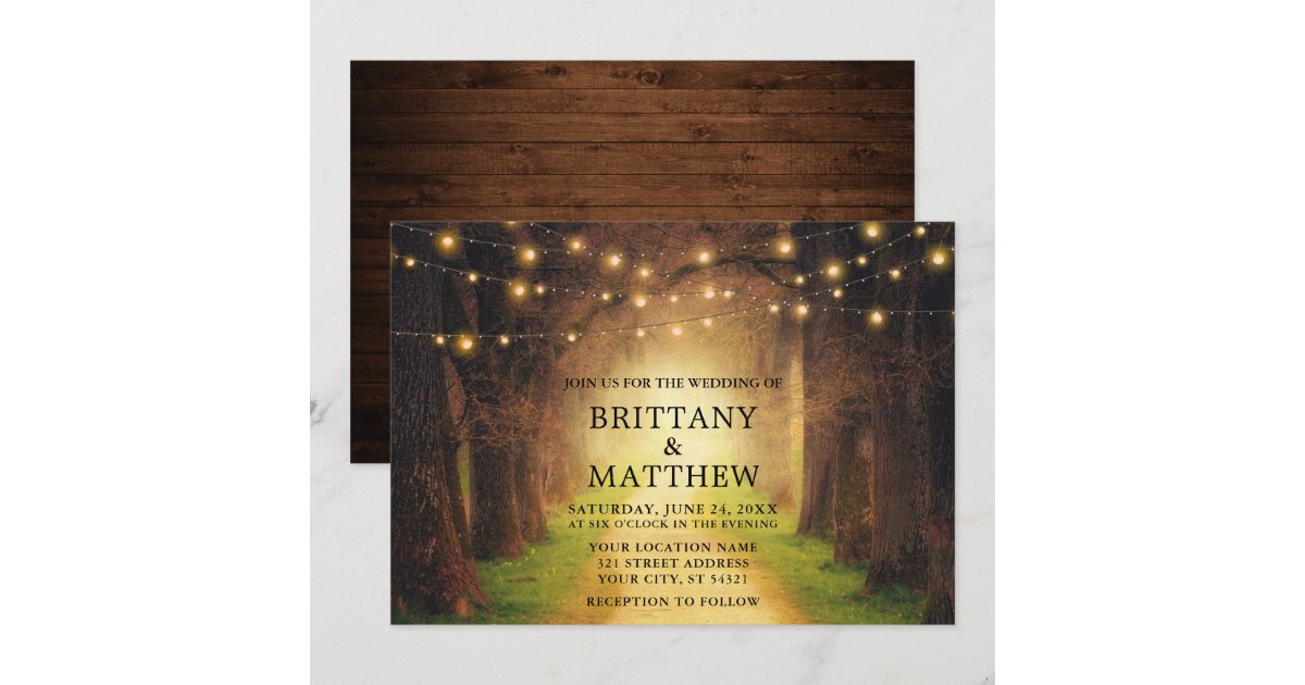 Tree Path Invitation Wedding Rustic Forest Path Wood String Lights Invitation | Zazzle