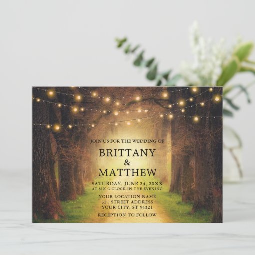 Wedding Rustic Forest Path Wood String Lights Invitation | Zazzle