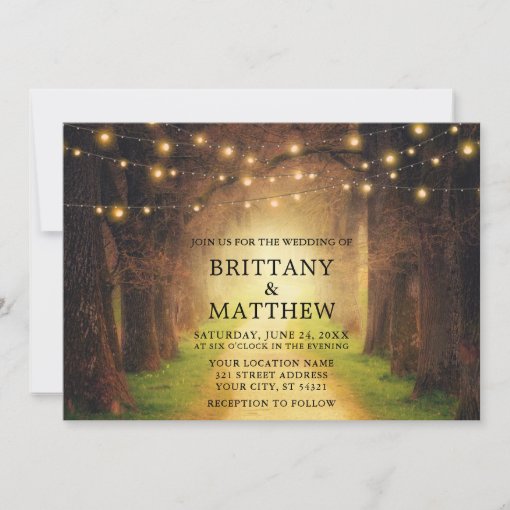 Wedding Rustic Forest Path Wood String Lights Invitation | Zazzle