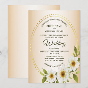 Wedding Rustic Golden Frame White Floral Peach Invitation