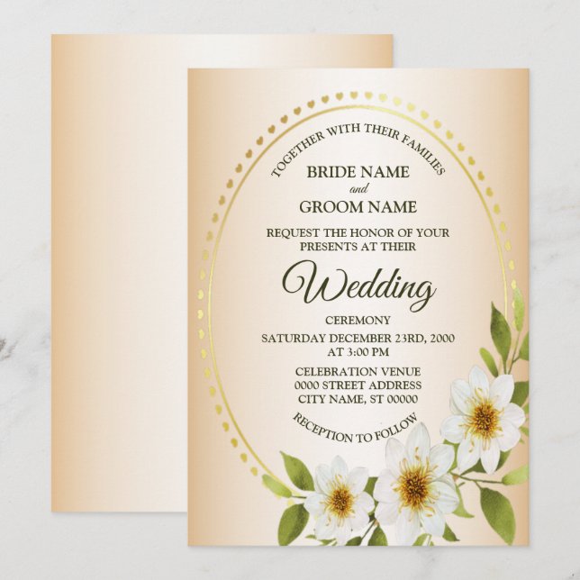 Wedding Rustic Golden Frame White Floral Peach Invitation (Front/Back)