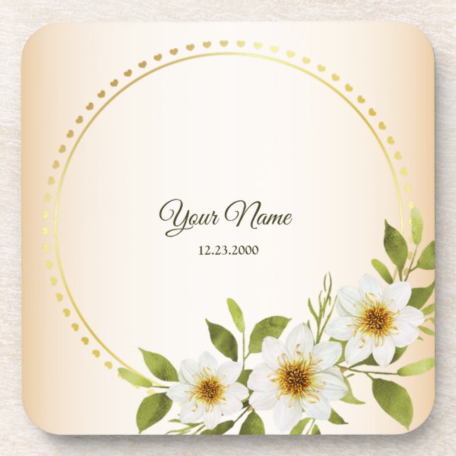 Wedding Rustic Golden Geometric White Floral Peach Beverage Coaster (Front)