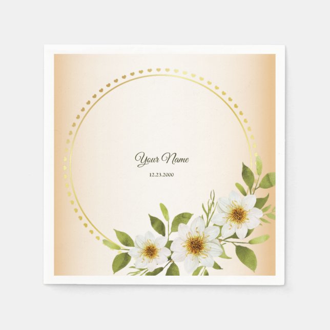 Wedding Rustic Golden Geometric White Floral Peach Napkins (Front)