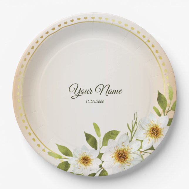 Wedding Rustic Golden Geometric White Floral Peach Paper Plates (Front)