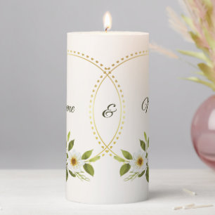 Wedding Rustic Golden Geometric White Floral Peach Pillar Candle