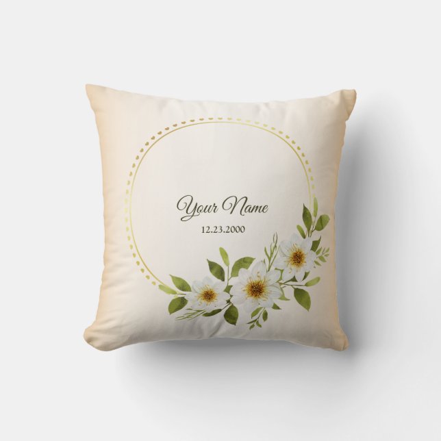 Wedding Rustic Golden Geometric White Floral Peach Throw Pillow (Front)