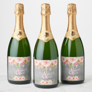 Wedding rustic gray wood blush florals sparkling wine label