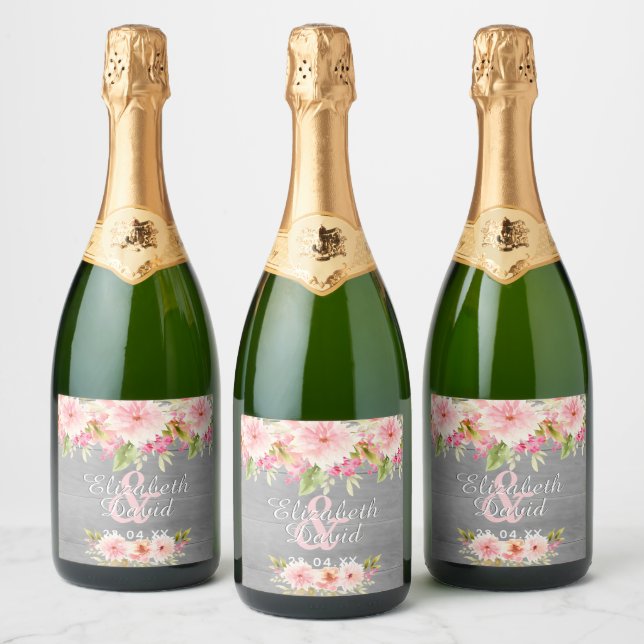 Wedding rustic gray wood blush florals sparkling wine label (Bottles)