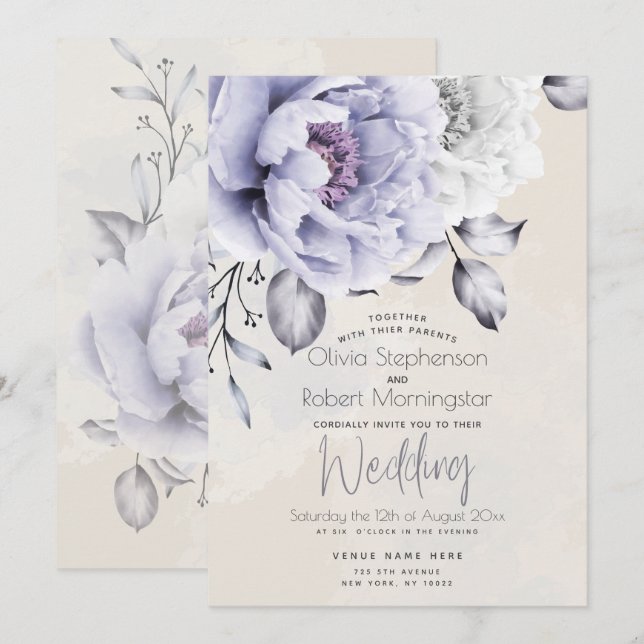 WEDDING | Rustic Lilac and Alabaster Peony Floral Invitation (Front/Back)