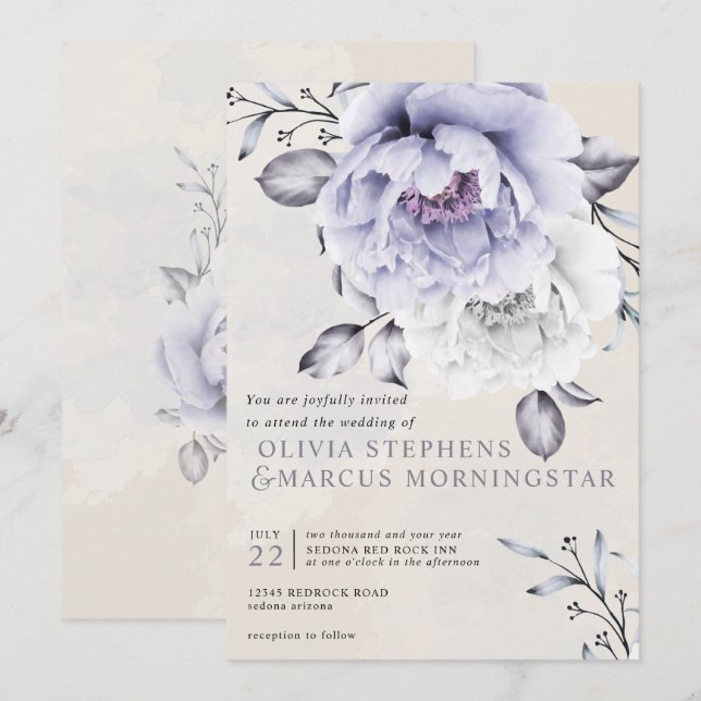 Wedding | Rustic Lilac and Alabaster Peony Floral Invitation (Front/Back)