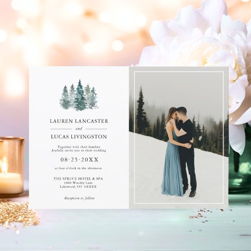 Wedding Rustic Pine Trees Deep Dark Green  PHOTO Invitation