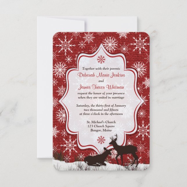 Wedding | Rustic Red Burlap | Snowflakes | Deer RSVP Card (Front)
