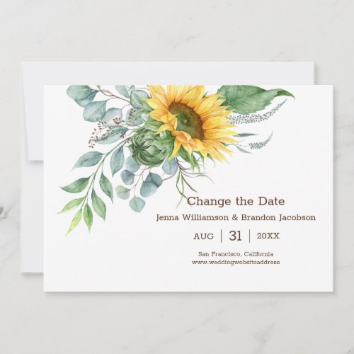 Wedding Rustic Sunflower Change the Date Green Save The Date
