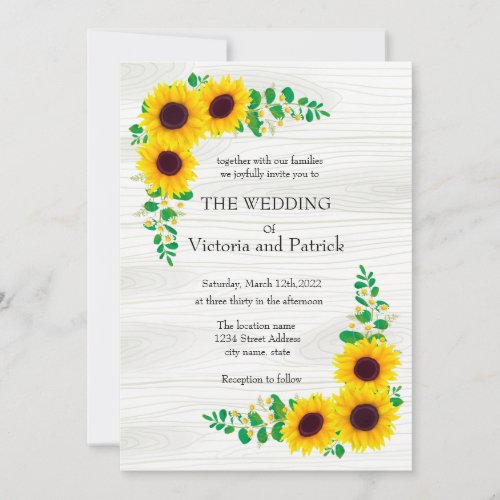 Wedding rustic sunflower daisy eucalyptus wood  in invitation