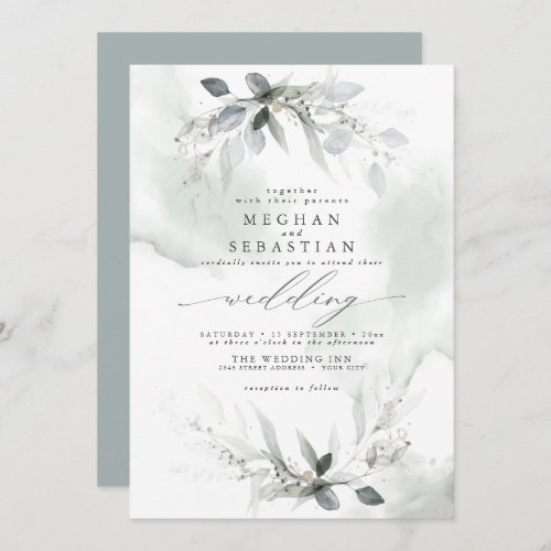 Wedding Rustic Watercolor Greenery Dusty Green  Invitation