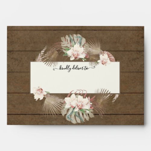 Wedding Rustic Wood Floral Orchid Monstera Foliage Envelope