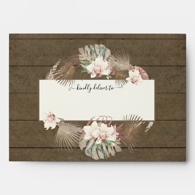 Wedding Rustic Wood Floral Orchid Monstera Foliage Envelope (Front)