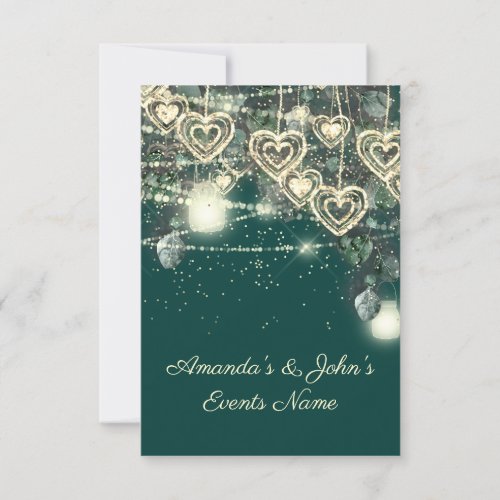 Wedding Rustic Wood Golden Hearts Lights  Green Invitation