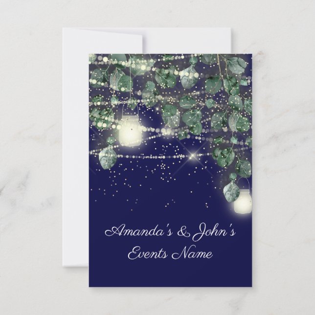 Wedding Rustic Wood Golden Jar Lights Blue  Navy Invitation (Back)