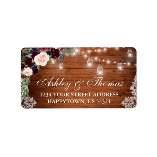 Wedding Rustic Wood Jar Lights Lace Floral Address Label