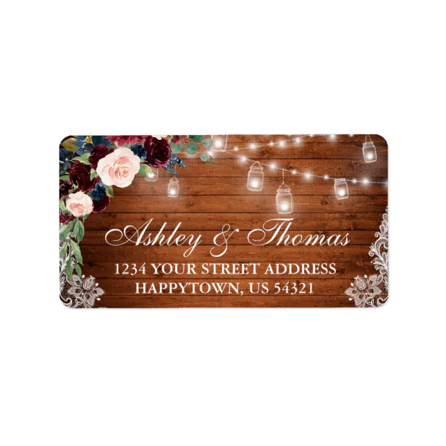 Wedding Rustic Wood Jar Lights Lace Floral Address Label | Zazzle