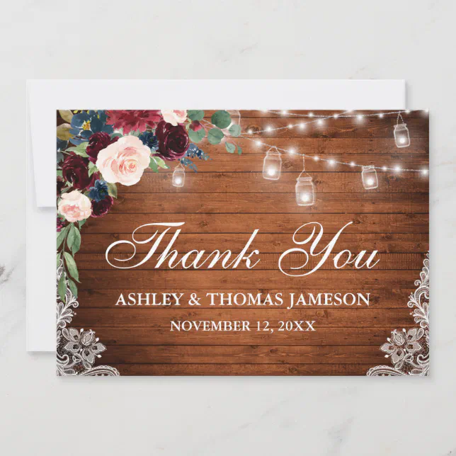 Wedding Rustic Wood Jar Lights Lace Floral Thank You Card | Zazzle