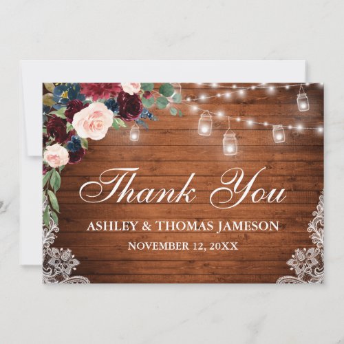 Wedding Rustic Wood Jar Lights Lace Floral Thank You Card