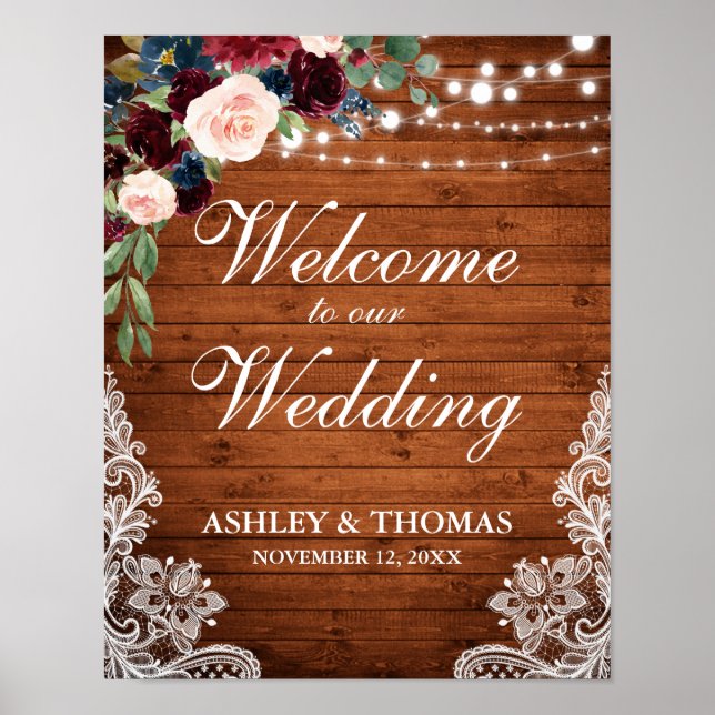 Wedding Rustic Wood Lace Burgundy Blue Floral Poster (Front)