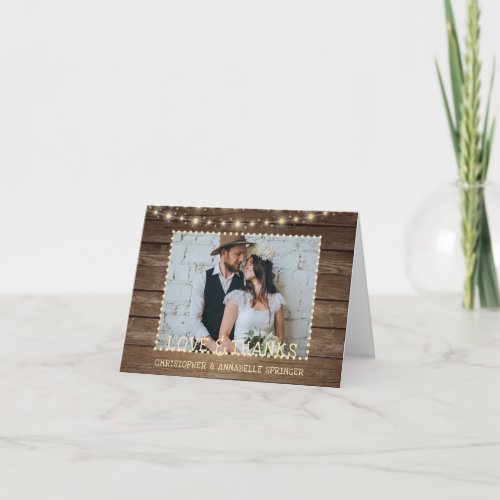 Wedding Rustic Wood Lights 2 Photo Thank You Card