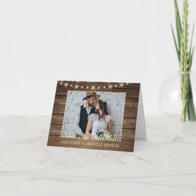 Wedding Rustic Wood Lights 2 Photo Thank You Card | Zazzle