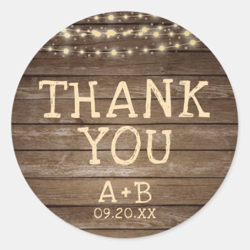 Wedding Rustic Wood Lights Initials Date THANK YOU Classic Round Sticker