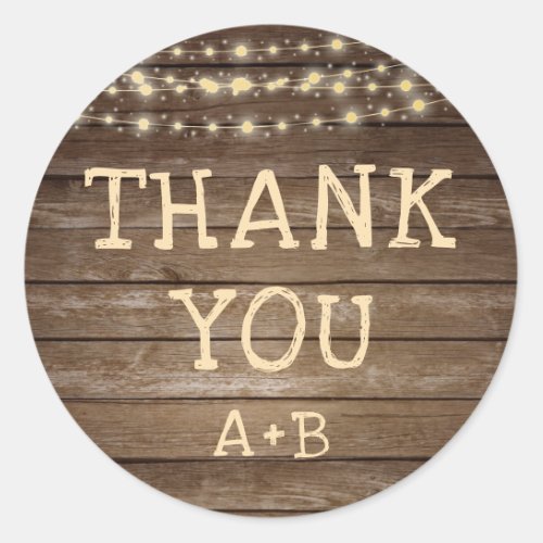 Wedding Rustic Wood Lights Initials THANK YOU Classic Round Sticker