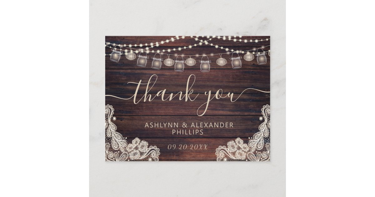 Wedding Rustic Wood Lights Jars Lace Thank You Postcard | Zazzle