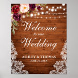 Wedding Rustic Wood Lights Lace Burgundy Floral Poster at Zazzle