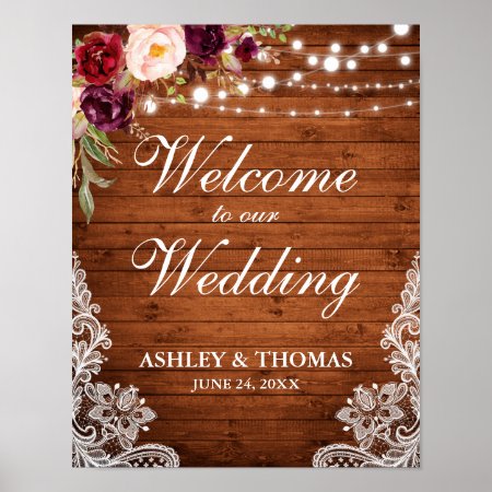 Wedding Rustic Wood Lights Lace Burgundy Floral Poster