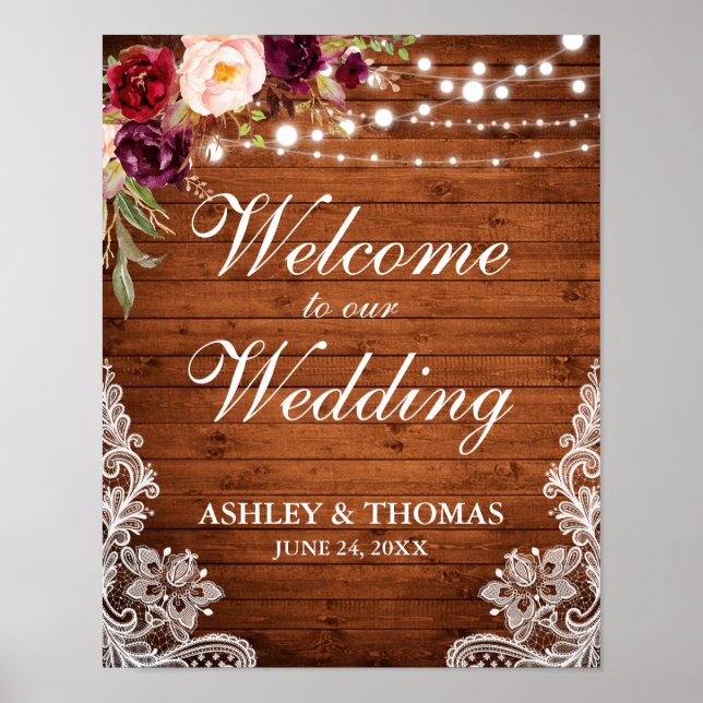 Wedding Rustic Wood Lights Lace Burgundy Floral Poster (Front)