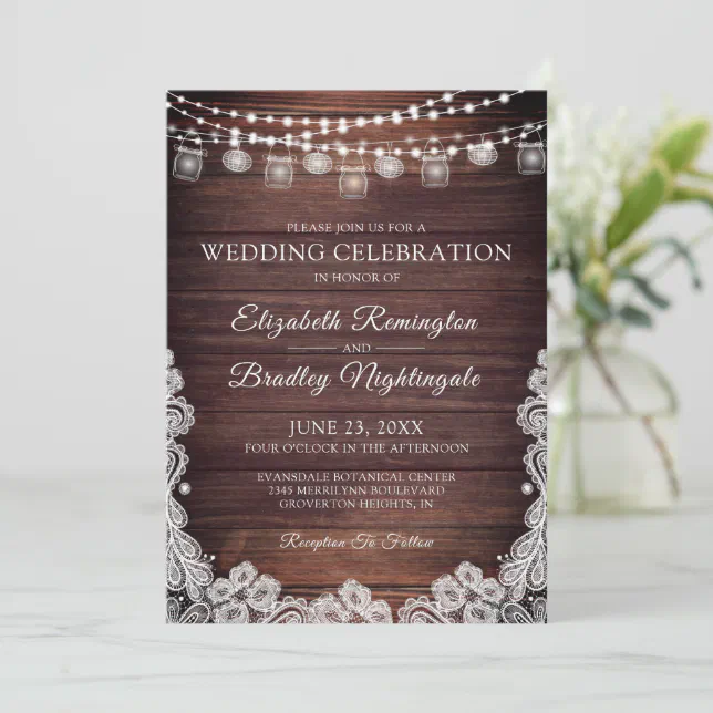 Wedding Rustic Wood Lights Mason Jars Lace Invitat Invitation | Zazzle