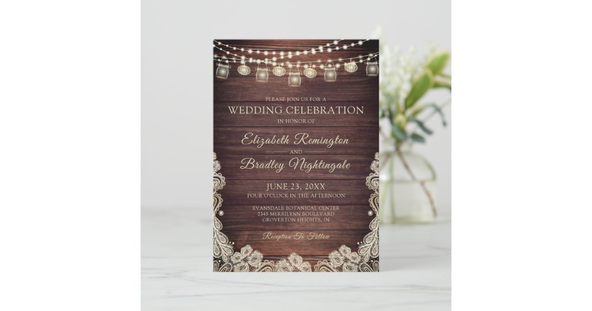 Wedding Rustic Wood Lights Mason Jars Lace Invitation | Zazzle
