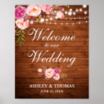 Wedding Rustic Wood Lights Pink Floral Poster at Zazzle