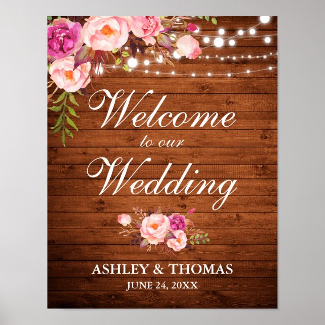 Wedding Rustic Wood Lights Pink Floral Poster (Front)