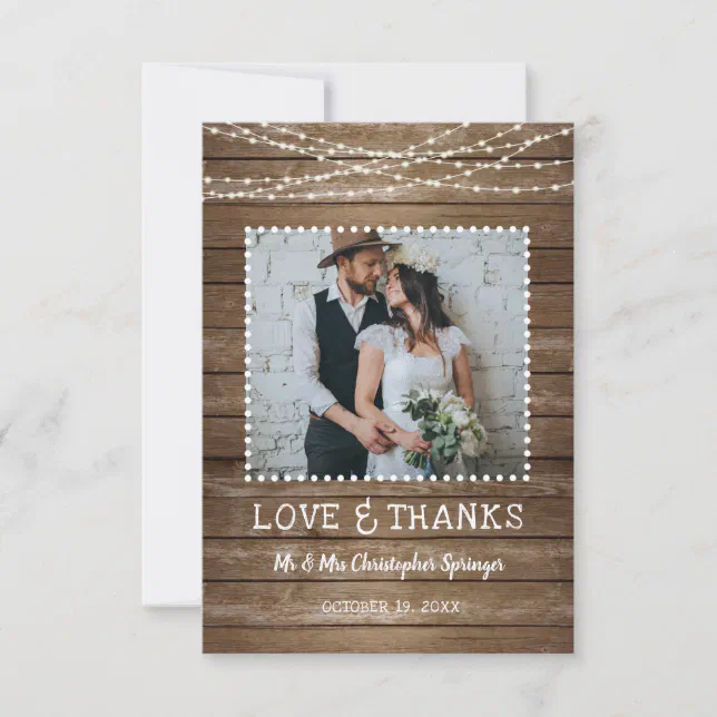 Wedding Rustic Wood LOVE & THANKS String Lights Thank You Card | Zazzle