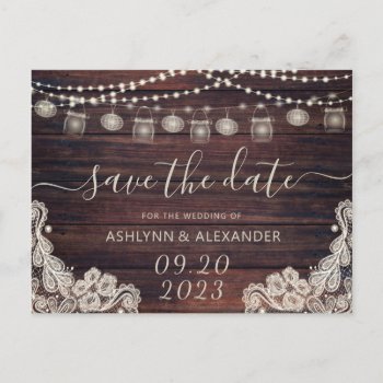Wedding Rustic Wood Mason Jar Lights Save The Date Announcement Postcard by MakeItAboutYou at Zazzle