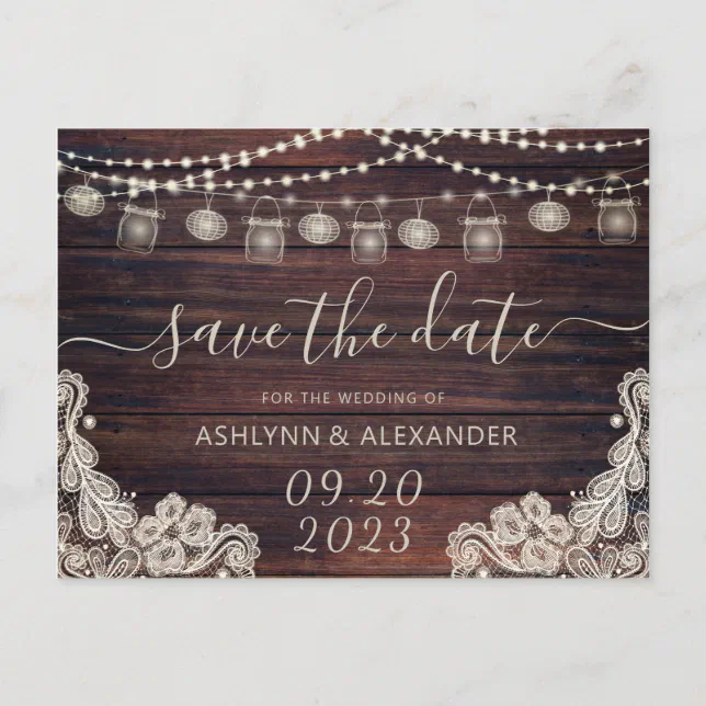 Wedding Rustic Wood Mason Jar Lights SAVE THE DATE Announcement ...