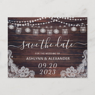 Wedding Rustic Wood Mason Jar Lights SAVE THE DATE Postcard