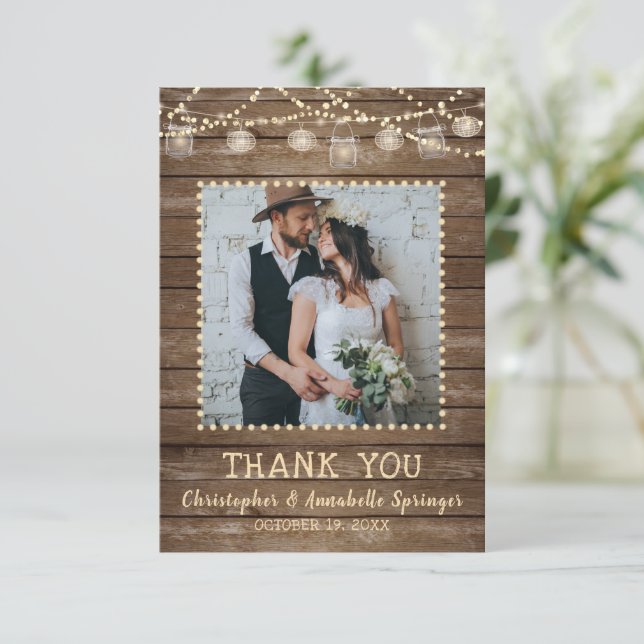 Wedding Rustic Wood Mason Jar Lights Thank You (Standing Front)