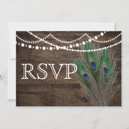 Wedding Rustic Wood Peacock Feathers RSVP Card